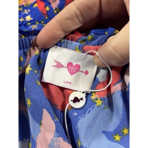 Buddy Love Off Shoulder Dress Blue Red Firework Print Large Ruffled - Picture 6 of 12